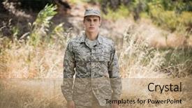  Presentation with boot camp - Presentation design with camping safety - portrait of military soldier standing background and a coral colored foreground