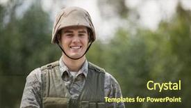  Presentation with boot camp - PPT theme enhanced with camping safety - portrait of smiling military soldier background and a tawny brown colored foreground