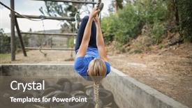  Presentation with training camp - Presentation design featuring camping safety - woman climbing rope during obstacle background and a  colored foreground
