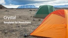  Presentation with campsite - Colorful slide set enhanced with camping tents on a rocky backdrop and a coral colored foreground