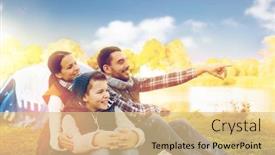  Presentation with family tourism - PPT layouts with camping tourism hike and people concept - happy family over tent at camp site pointing finger to something background and a lemonade colored foreground