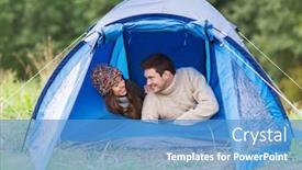  Presentation with people talking - Beautiful slides featuring camping-travel-tourism-hike backdrop and a teal colored foreground