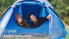  Presentation with camping - Slide deck consisting of camping travel tourism hike and people concept - smiling couple of tourists looking out from tent background and a teal colored foreground