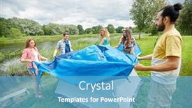  Presentation with travel friends - Beautiful slides featuring camping travel tourism hike and people concept - group of smiling friends setting up tent outdoors backdrop and a teal colored foreground