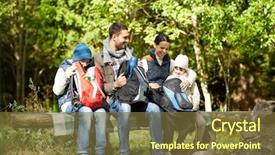  Presentation with family tourism - Colorful slide set enhanced with camping travel tourism hike and people concept - happy family with backpacks and thermos at camp backdrop and a tawny brown colored foreground