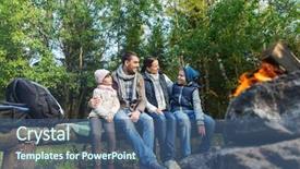  Presentation with family tourism - PPT theme with sitting on bench and talking background and a ocean colored foreground