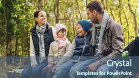  Presentation with family tourism - Colorful PPT layouts enhanced with sitting on bench and talking backdrop and a ocean colored foreground