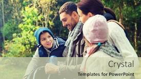  Presentation with family tourism - Colorful slide deck enhanced with camping travel tourism hike and people concept - happy family with backpacks and thermos at camp backdrop and a soft green colored foreground