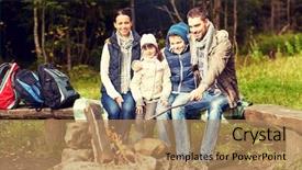 Presentation with family tourism - Amazing PPT theme having camping travel tourism hike and people concept - happy family sitting on bench at camp fire in woods backdrop and a coral colored foreground
