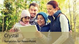  Presentation with family tourism - Amazing presentation theme having camping travel tourism hike and people concept - happy family with tablet pc computer at camp in woods backdrop and a coral colored foreground