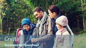  Presentation with family tourism - PPT theme consisting of camping travel tourism hike and people concept - happy family with backpacks and thermos at camp background and a ocean colored foreground