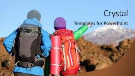  Presentation with mountain hiking - PPT layouts consisting of camping winter - hikers looking at view pointing background and a light blue colored foreground