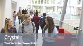  Presentation with students on tablets - Audience pleasing slide deck consisting of campus - students holding tablets and phone backdrop and a gray colored foreground