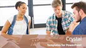  Presentation with global team workers - Audience pleasing PPT theme consisting of campus planning - young office workers or students backdrop and a  colored foreground