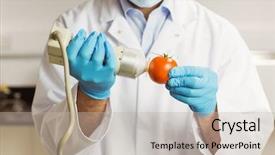  Presentation with university - Audience pleasing presentation consisting of food scientist using device on tomato at the university backdrop and a mint green colored foreground