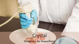  Presentation with meat food - Beautiful PPT theme featuring scientist using device on meat backdrop and a coral colored foreground