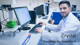  Presentation with food technology - Cool new PPT layouts with food scientist using technology to analyse pepper at the university backdrop and a light blue colored foreground