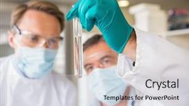  Presentation with team together everyone achieves more - Cool new PPT theme with team of scientists working together backdrop and a light gray colored foreground