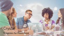  Presentation with global laptop - Beautiful presentation design featuring campus security - digital composition of executives discussing backdrop and a coral colored foreground