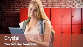  Presentation with student attandance system - PPT theme featuring campus security - happy student using tablet background and a red colored foreground