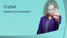  Presentation with hand palm - Slide deck consisting of campus security - young brunette student girl wearing background and a  colored foreground