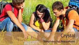  Presentation with map - Audience pleasing slide deck consisting of campus tour - teenage hikers watching the map backdrop and a gold colored foreground