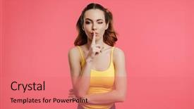  Presentation with mystery - Presentation design enhanced with camrea - mystery brunette woman in casual background and a  colored foreground