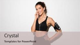  Presentation with listening woman - Cool new slide set with camrea - smiling curly brunette fitness woman backdrop and a  colored foreground