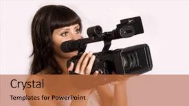  Presentation with happy young student girl holding - Cool new slides with camrecorder - pretty girl holding hdv camcorder backdrop and a  colored foreground