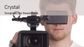  Presentation with black lcd or led tv - Presentation enhanced with camrecorder - teenager with video camcorder isolated background and a  colored foreground