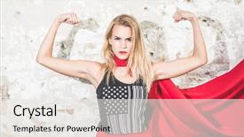  Presentation with young man and a woman - Colorful PPT layouts enhanced with can do - young woman posing as superhero backdrop and a white colored foreground