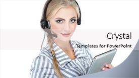  Presentation with customer service - Audience pleasing presentation design consisting of can i help you closeup of a female customer service representative backdrop and a light gray colored foreground