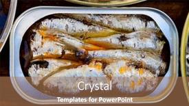  Presentation with sardines - Slide deck with can of canned oil sardines healthy meal background and a coral colored foreground