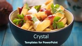  Presentation with potato chips - PPT theme consisting of canadian-poutine-fried-potato-chips background and a wine colored foreground