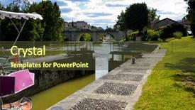  Presentation with boat tourism - Colorful presentation design enhanced with canal lock gates with touristic backdrop and a tawny brown colored foreground