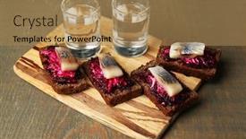  Presentation with vodka - PPT theme featuring canape herring with beets on rye toasts on wooden board and glass of vodka on wooden table background background and a coral colored foreground