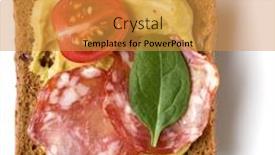  Presentation with appetizer - PPT theme with canape with salami open faced background and a gold colored foreground