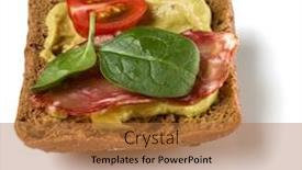  Presentation with appetizer - Presentation theme having canape with salami open faced sandwich crostini isolated on white background closeup appetizer tartarine background and a coral colored foreground