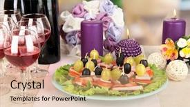  Presentation with meze restaurant - Slide set having canapes and wine in restaurant background and a  colored foreground