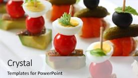  Presentation with spanish food - Slide deck having canapes on toothpicks appetizer pinchos background and a sky blue colored foreground
