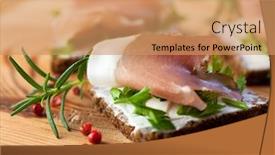  Presentation with healthy snack - Colorful presentation theme enhanced with canapes with black forest ham soft cheese and parsley symbolic image healthy nutrition concept for healthy and tasty snack bright wooden background close up backdrop and a coral colored foreground