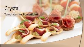  Presentation with porcelain - Theme consisting of canapes with ham tartlets on porcelain platter selective focus background and a lemonade colored foreground