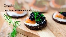  Presentation with caviar - Audience pleasing presentation theme consisting of canapes with smoked salmon soft cheese dill and caviar symbolic image concept for a tasty and healthy meal food background wooden background close up backdrop and a coral colored foreground