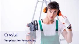  Presentation with noise - Colorful slide deck enhanced with cancel - young worker with earmuffs backdrop and a sky blue colored foreground