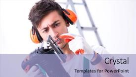  Presentation with noise - PPT theme with cancel - young worker with earmuffs background and a light blue colored foreground