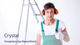  Presentation with noise - Slide deck having cancel - young worker with earmuffs background and a sky blue colored foreground