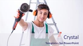  Presentation with facts and myths concept word - Cool new PPT theme with cancel - young worker with earmuffs backdrop and a sky blue colored foreground