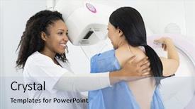  Presentation with test - Beautiful theme featuring cancer - happy doctor assisting woman undergoing backdrop and a light blue colored foreground