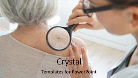  Presentation with skin cancer - Slide set consisting of cancer - senior woman getting skin checked background and a coral colored foreground