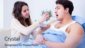  Presentation with husband and wife 3 d - Beautiful presentation design featuring cancer aliments - wife visiting ill husband backdrop and a  colored foreground